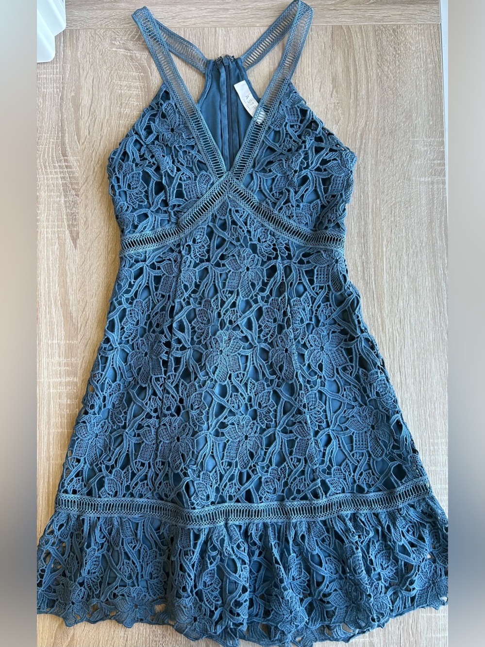 Astr The Label  Crochet Lace A-Line mini Dress in Slate Blue Revolve S Small
